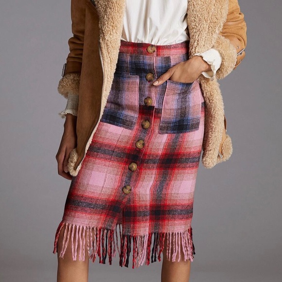 Maeve Dresses & Skirts - Maeve Fringed Plaid Flannel Fringe Pink Blue Wool Button Skirt 12